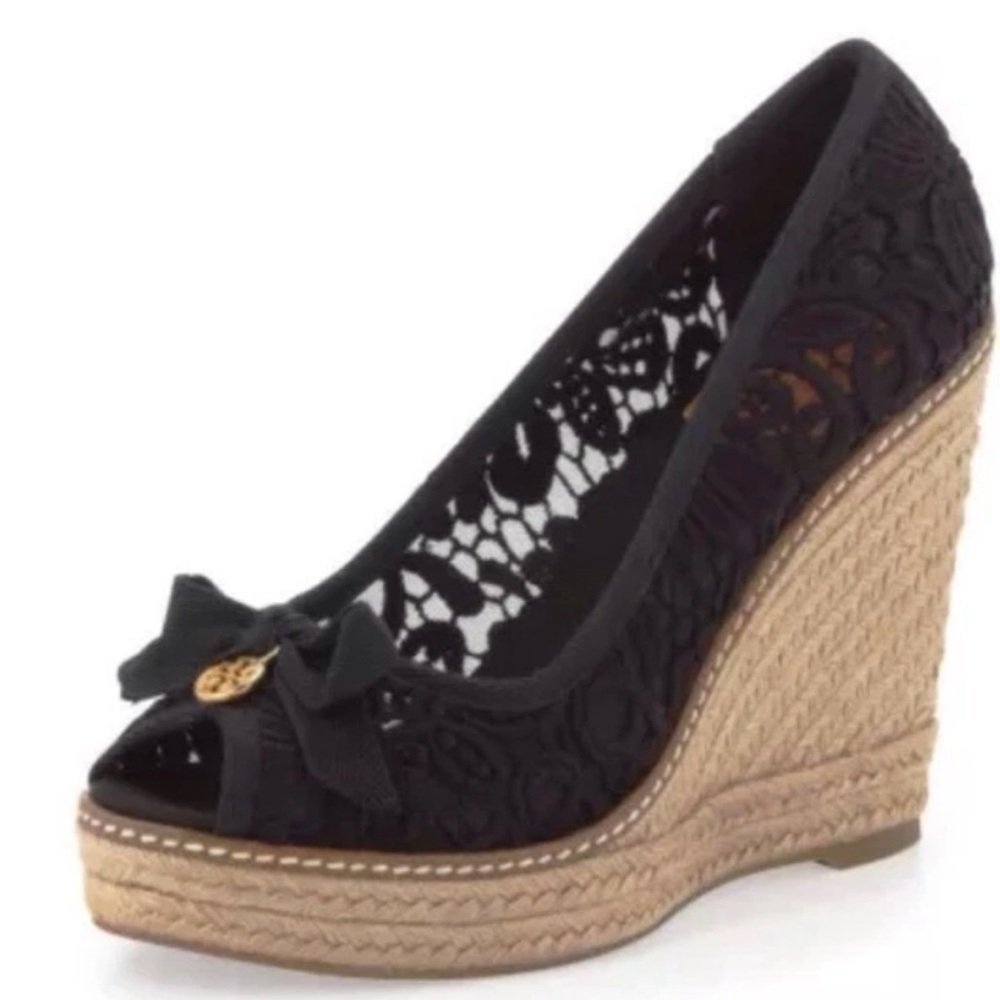 Tory Burch Black Lace Wedge Espadrilles *Read Description